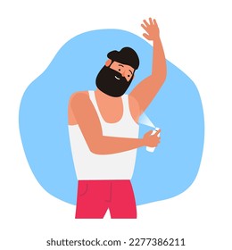 bearded man spraying  deodorant to armpit vector illustration