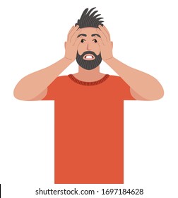 Hombre con barba apretando la cabeza con las manos. Emociones y concepto de lenguaje corporal. Concepto de estrés, tensión y migraña. Ilustración vectorial al estilo de las caricaturas.