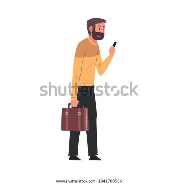 Bearded Man Standing with Briefcase and\
Smartphone, Tourist Calling Taxi Car or Using Mobile Taxi Call\
Application Vector\
Illustration