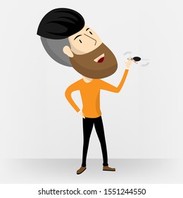 The bearded man standing and hand holding key. His happiness with new car or vehicle. Vector illustration in cartoon character flat style.