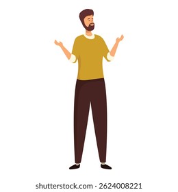 Bearded man is standing with his hands raised, wondering about something