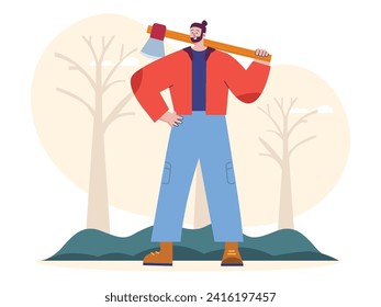 Bärenstehender Mann, der eine Axt hält und Holz im Wald schneidet. Zeichendesign. Vektorgrafik