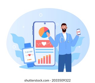 Bearded man standing to introduce new app for heartbeat measuring. Athlete smart watch or fitness bracelet. Flat illustration cartoon vector concept web banner design isolated on white background