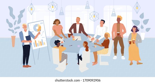 Bearded man standing near flipchart, making presentation before colleagues, investors sitting at round desk in office. Business meeting, negotiation, teamwork, brainstorming vector flat illustration.