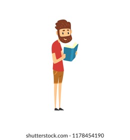 Bearded man standing and reading book, people choosing books in bookstore vector Illustration on a white background