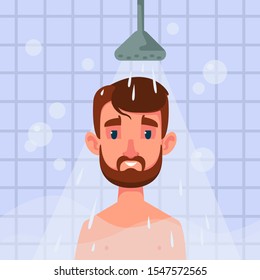 A bearded man is standing in the shower room and water is pouring on him. Blue tiles and soap bubbles. Cleansing and relaxation. Vector illustration in cartoon flat style isolated on white background.