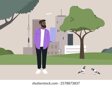 A bearded man stands calmly in a lush park, taking in the beauty of nature while facing a lively urban backdrop, Birds approach near his feet as he enjoys the serene atmosphere