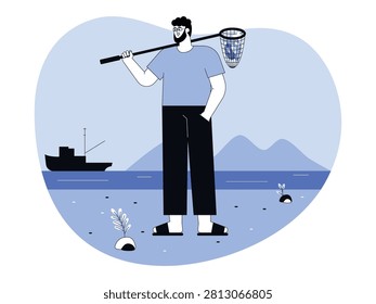 A bearded man stands on a sandy beach carrying a long hand net with a fish inside over his shoulder, with a large ship in the distance.