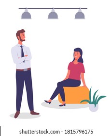 Bearded man in strict stands with his arms crossed, the girl sits on comfortable yellow pouf. Office modern interior, ceiling lighting, potted plant. Flat vector illustration isolated on white