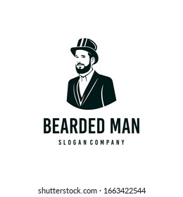 Diseño del logo del hombre con barba. Impresionante logo de hombre. Un hombre con traje y ese logotipo.