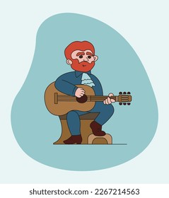 A bearded man in a suit plays the guitar. Cheerful doodle character. Vector flat color illustration.