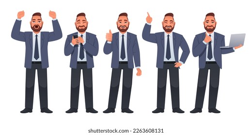 Bearded man in a suit with a tie stands in different poses. Man in full growth character set. A businessman rejoices at something, looks into a smartphone, approves, points to something, with a laptop