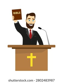 A bearded man in a suit and tie stands behind a wooden podium, raising a Bible and speaking into a microphone, with a Christian cross displayed prominently. Pastor preacher holding Bible at pulpit with cross and microphone, flat cartoon illustration for church, religion and Christian design projects