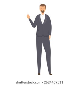 Bearded man in a suit is waving his hand during a formal event