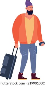 Bearded man with suitcase. Tourist departure to journey travel isolated on white background