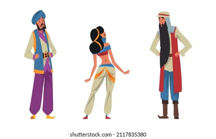 Bearded Man Sultan In Turban And Princess From Arabian Fairy Tale Character Vector Set