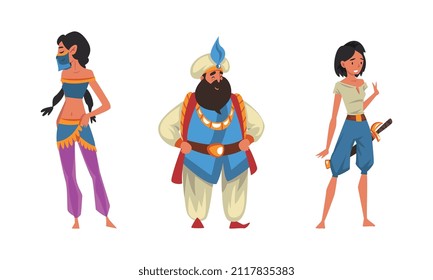 Bearded Man Sultan in Turban and Princess from Arabian Fairy Tale Character Vector Set