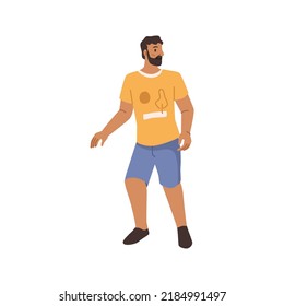 Hombre con barba en tela de verano aislado personaje de dibujos animados planos. Un tipo muy atractivo vectorial con camiseta amarilla y pantalones cortos azules, padre caminando. Un padre elegante de vacaciones