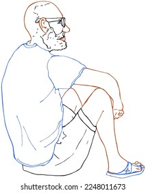 A bearded man in summer clothes, sitting on the ground and looking into the distance through glasses. A hand-made sketch with colored lines