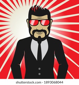 Bearded Man With Sunglasses, Abstract Red Background. Vector Illustration