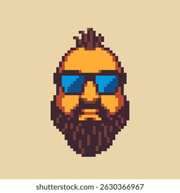 Bearded man with sunglasses character. Pixel art. Flat style. Avatar, portrait, profile picture. Design of 80s. Game assets. 8-bit. Isolated vector illustration.