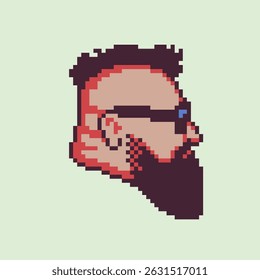 Bearded man with sunglasses character, profile. Pixel art. Flat style. Avatar, portrait. Design of 80s. Game assets. 8-bit. Isolated vector illustration.