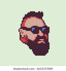 Bearded man with sunglasses pixel art character, profile. Flat style. Avatar, portrait. Design of 80s. Game assets. 8-bit. Isolated vector illustration.
