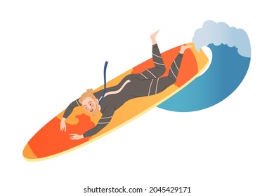 Bearded Man Surfer Character Lying on Surf Board Riding Moving Wave of Water Vector Illustration