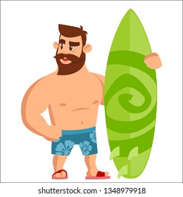 Bearded Man, Surfer. Strong Man with Beard and Stylish Hairstyle, in Hands the Board.