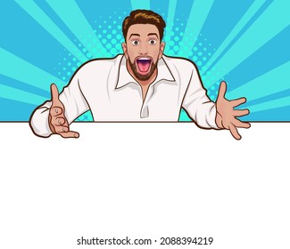 bearded man surprised something on white banner Pop Art Comic Style