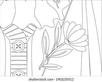 Bearded man in a sweater and a coat with a pinned flower going on a date. A portrait or a close up. Black and white coloring page. Flat style illustration.