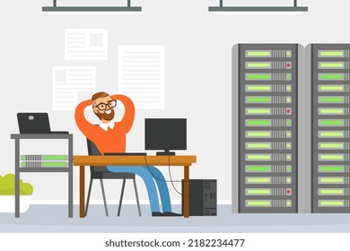 Bearded Man Sysadmin Sitting at Desk Working with Server Rack Cabinet and Computer Vector Illustration