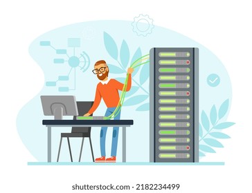 Bearded Man Sysadmin Working with Server Rack Cabinet and Computer Vector Illustration