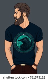 bearded man in  t shirt  with raven print