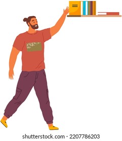 Bearded man takes book from shelf. Student preparing for exam with textbook, guy looking at books in wall bookshelf. Literature for reading, education concept. Paper edition, reading literature