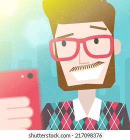 Bearded Man Taking a Selfie Photo with smart phone. Vector Trendy Flat Illustration