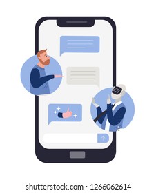 Bearded man spricht mit Roboter oder Android und Chat-Nachrichten auf Smartphone-Bildschirm. Konzept der Chatbot-Konversation, technischer Support Service. Farbige Vektorgrafik im flachen Cartoon-Stil.