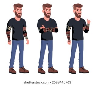 Bearded man with tattooed sleeves in various poses