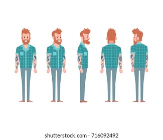 Bearded man with tattoos on his arms.Urban citizen character. Front, side, back view character for animation.Separate parts of male person. Flat Vector illustration.