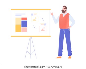 Bearded man teacher lectures, stands at the magnetic board with project's information. Online training, webinars, courses, presentation, product development. Vector illustration.