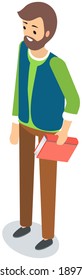 Bearded man teacher at lesson, professor standing holding book isolated on white background teaching student in classroom at school, college or university. Person with textbook full length side view