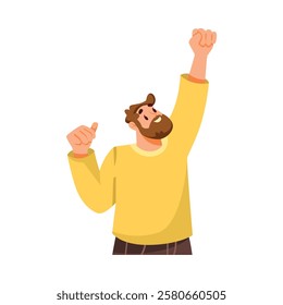 Bearded Man Team Member Character with Raised Hand Vector Illustration