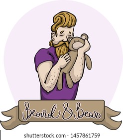bearded man with teddy bear cute illustration vector isolated
