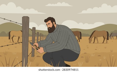 Bearded man in a thick grey sweater uses pliers to fix a barbed wire fence in a field where horses are grazing under a cloudy sky in the countryside.