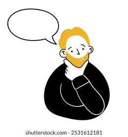 A bearded man is thinking about something, pondering. The concept of searching, thinking, hesitating. Simple illustration in doodle flat style. Isolated on a white background