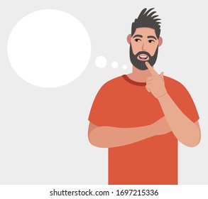 Bearded man thinking. Pondering on particular belief or idea, empty cloud bubble for text or image. Vector illustration in cartoon style.