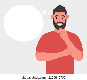 Bearded man thinks. Pondering on particular belief or idea, empty cloud bubble for text or image. Vector illustration.