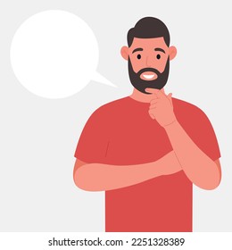 Bearded man thinks. Pondering on particular belief or idea, empty cloud bubble for text or image. Vector illustration.