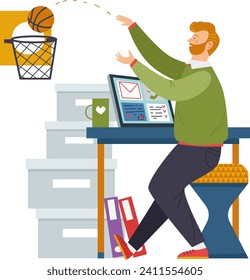 Bearded man throwing basketball at office desk. Casual employee plays sport at work. Break time activity and office fun concept vector illustration.