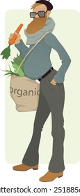 Bearded man with a tote bag filled with greens eating a carrot, vector illustration, no transparencies, EPS 8